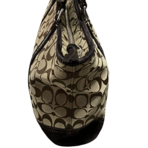 Coach Signature C Khaki Tote Jacquard Beaded Brown Suede Shoulder Bag #8K53 - Picture 3 of 16